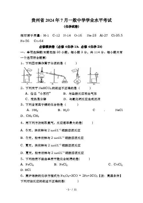贵州省2024年7月普通高中学业水平考试化学