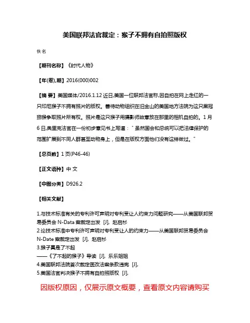 美国联邦法官裁定：猴子不拥有自拍照版权