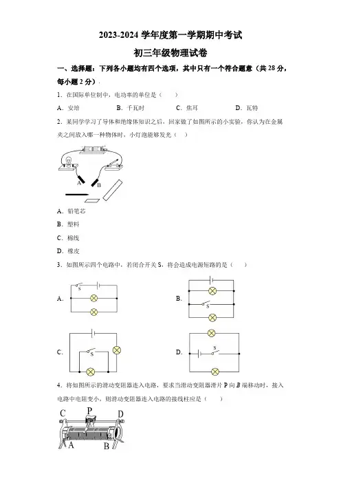 北京市顺义区2023-2024学年九年级上学期期中考试物理试题(含解析)