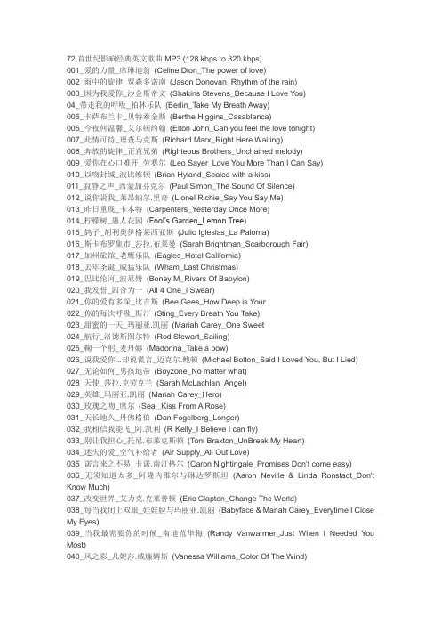 72首世纪影响经典英文歌曲MP3