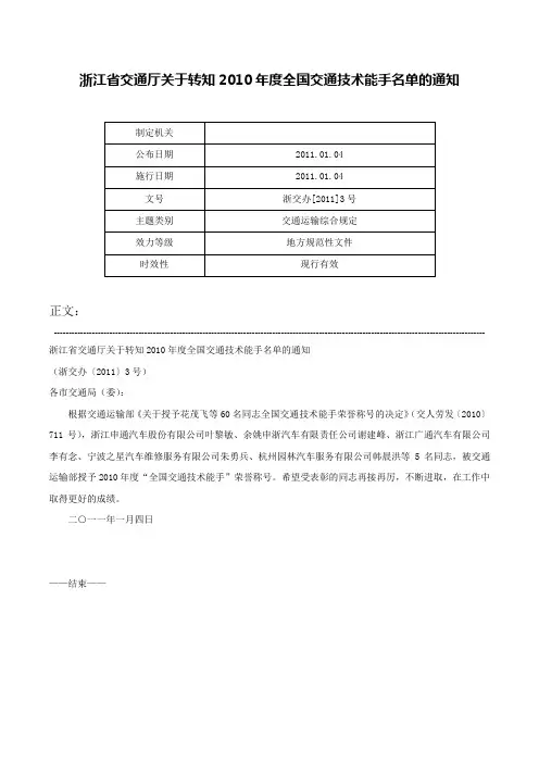浙江省交通厅关于转知2010年度全国交通技术能手名单的通知-浙交办[2011]3号