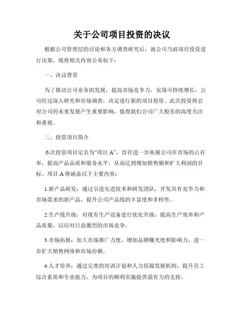 关于公司项目投资的决议