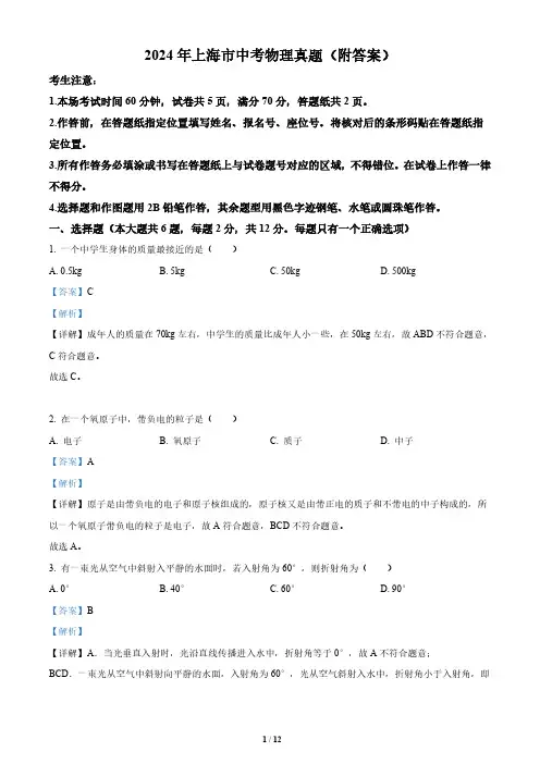 2024年上海市中考物理真题(附答案)