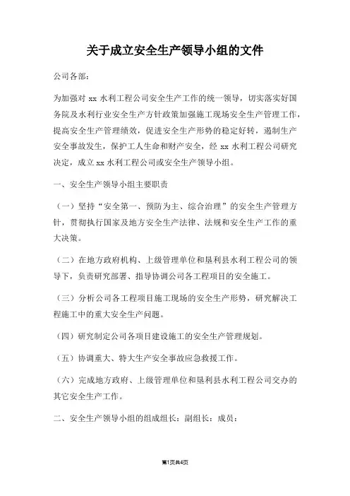 成立安全生产领导小组文件