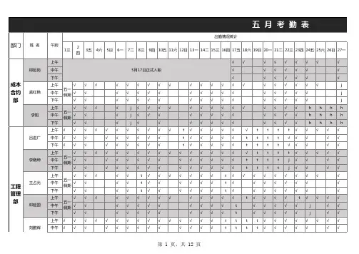电影院清洁员清洁各部门考勤表Excel模板