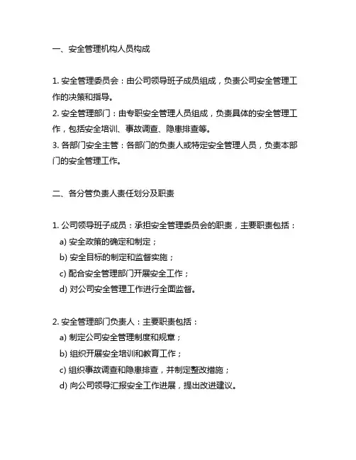 安全管理机构人员构成及各分管负责人责任划分及职责