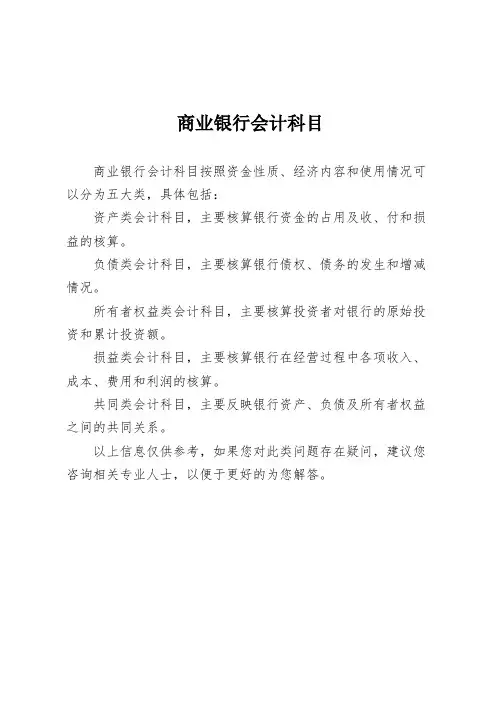 商业银行会计科目