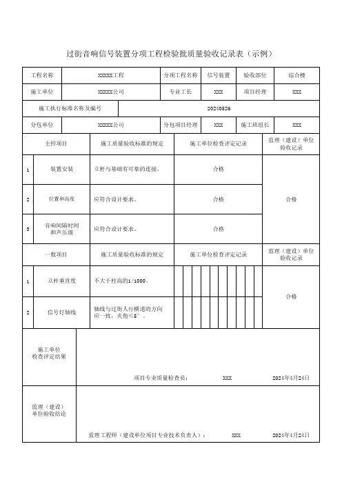 过街音响信号装置分项工程检验批质量验收记录表(示例)