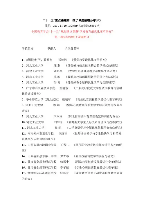十一五规划重点课题“学校教育最优变革研究”实验学校子课题公示名单