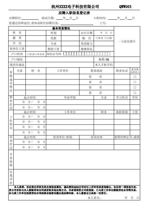 QW012 员工应聘入职登记表 参考模板