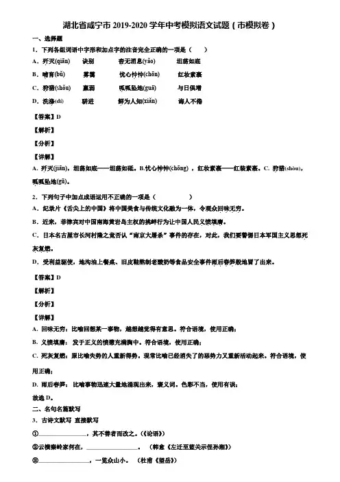 湖北省咸宁市2019-2020学年中考模拟语文试题(市模拟卷)含解析