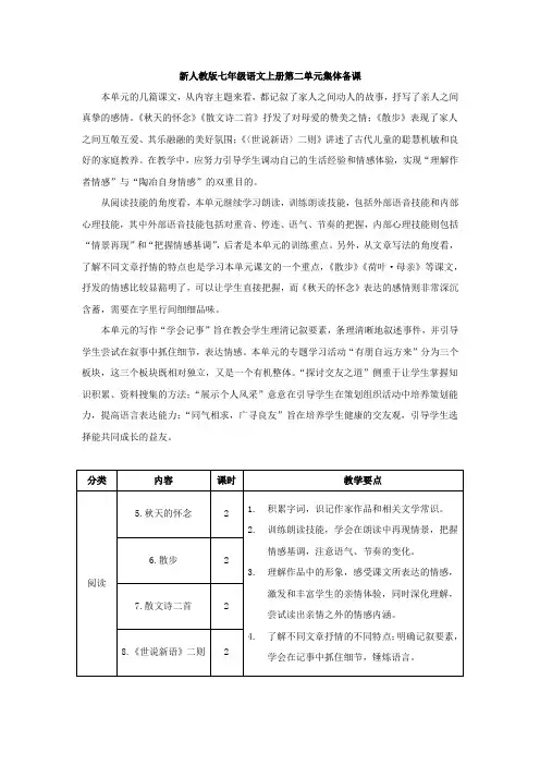 新人教版七年级语文上册第二单元集体备课