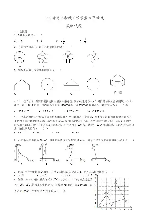 青岛中考数学试题+答案