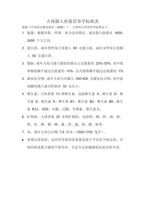 人体摄入热量营养学标准表