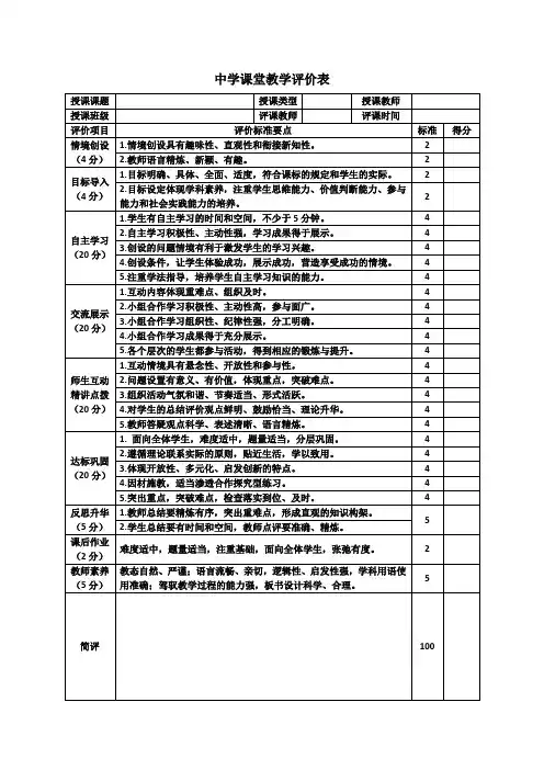 中学课堂教学评价表