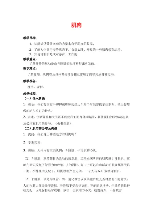 苏教版四年级下科学 肌肉 教学设计