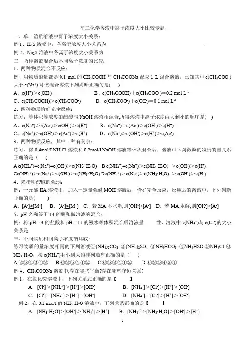 高二化学溶液中离子浓度大小比较专题