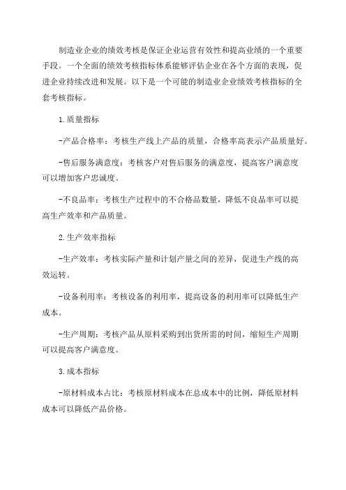 某制造业企业年绩效考核全套考核指标