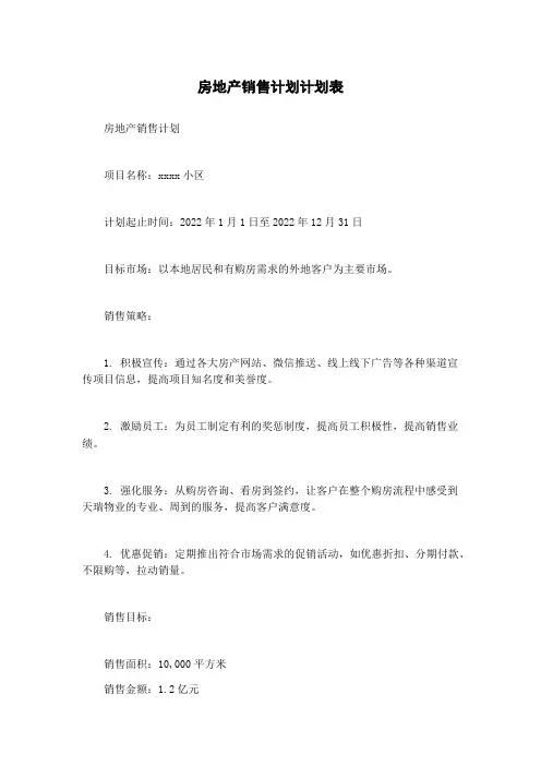 房地产销售计划计划表