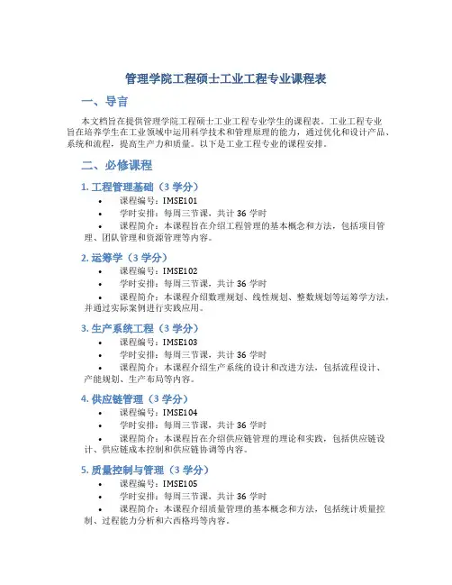 管理学院工程硕士工业工程专业课程表