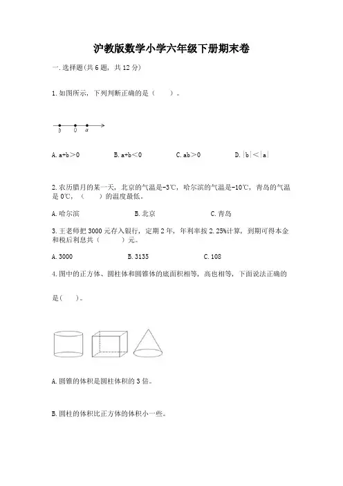 沪教版数学小学六年级下册期末卷带答案(完整版)