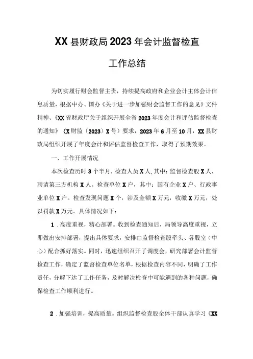 XX县财政局2023年会计监督检查工作总结
