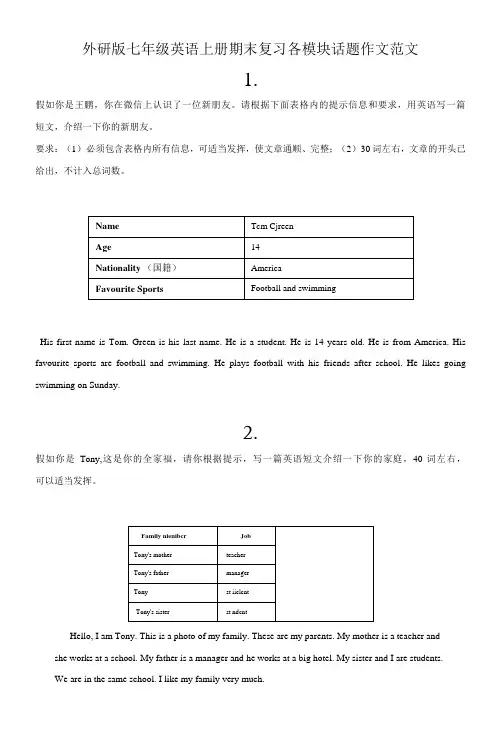 外研版七年级英语上册期末复习各模块话题作文范文