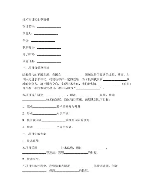 技术项目奖金申请书模板