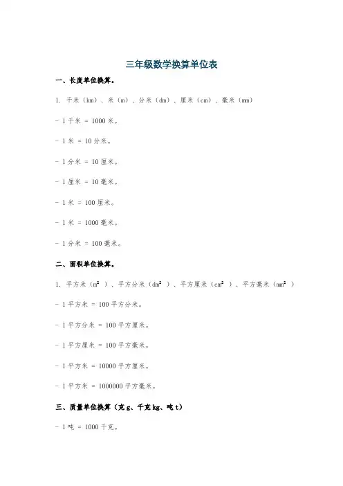 三年级数学换算单位表
