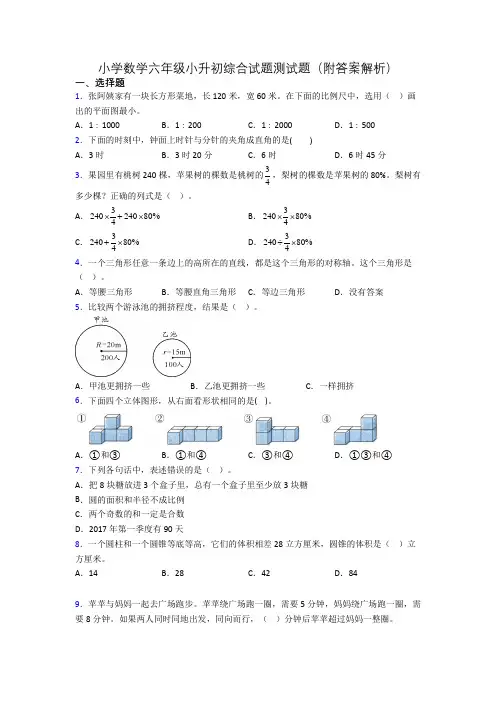 小学数学六年级小升初综合试题测试题(附答案解析)