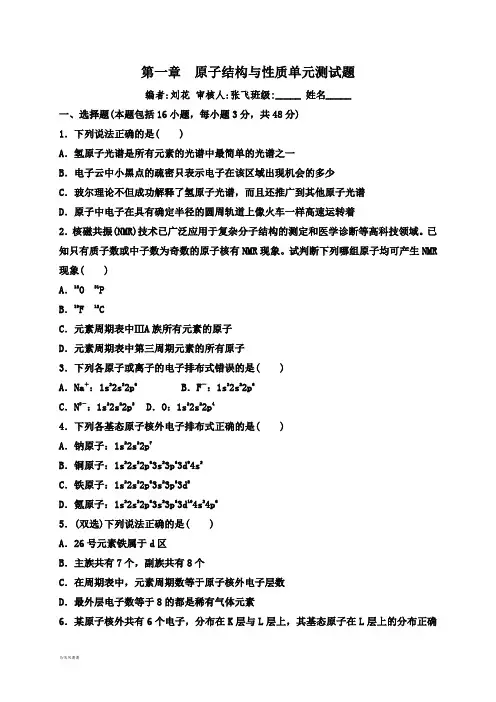 沪教版化学九年级下册第一章  原子结构与性质单元测试题.docx