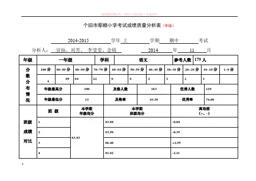一年级语文期中考试质量分析表(年级)
