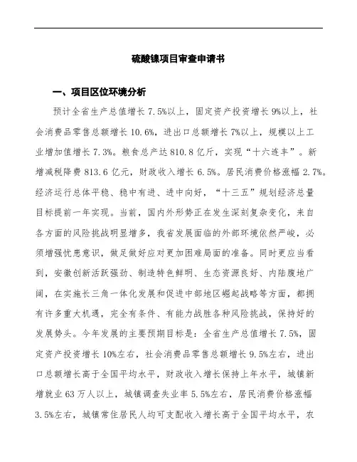 硫酸镍项目审查申请书参考范文