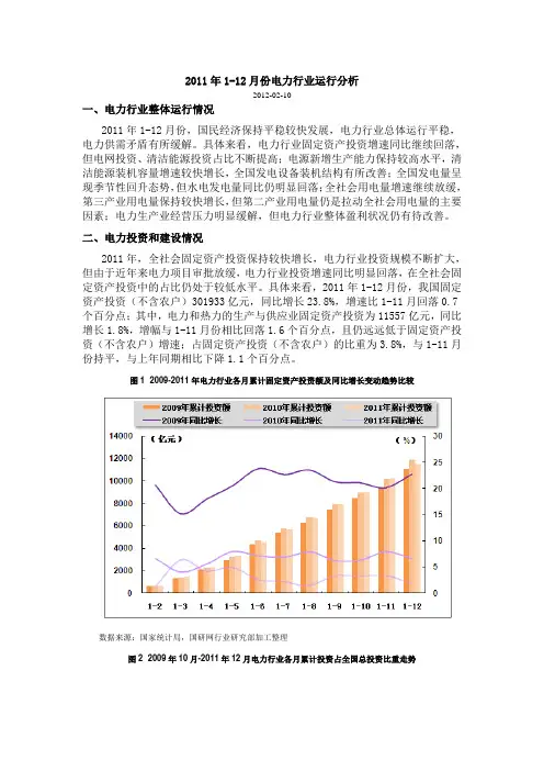 2011年1-12月份电力行业运行分析报告