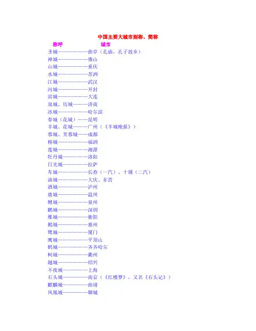 中国主要大城市别称、简称