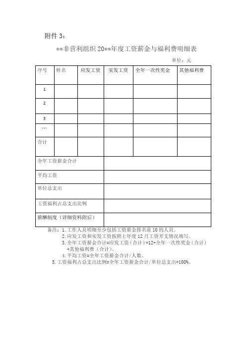 《非营利组织年度工资薪金与福利费明细表》