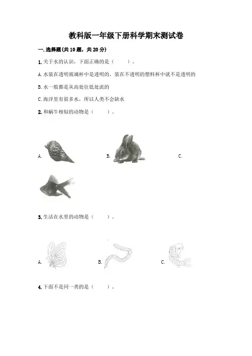 教科版一年级下册科学期末测试卷附参考答案(考试直接用)