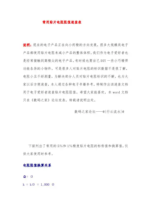 常用贴片电阻阻值速查表