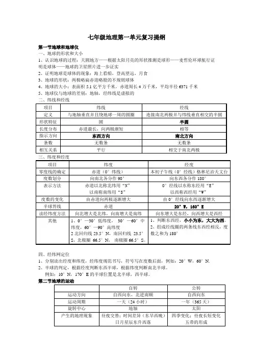 七年级地理第一单元复习提纲