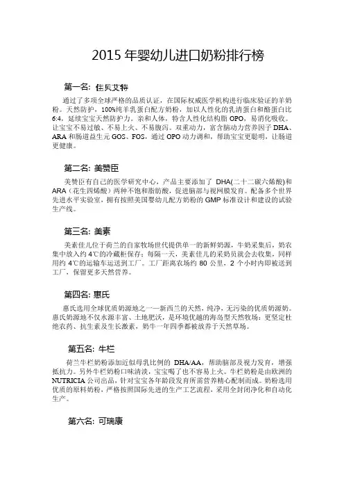 2015年婴幼儿进口奶粉排行榜
