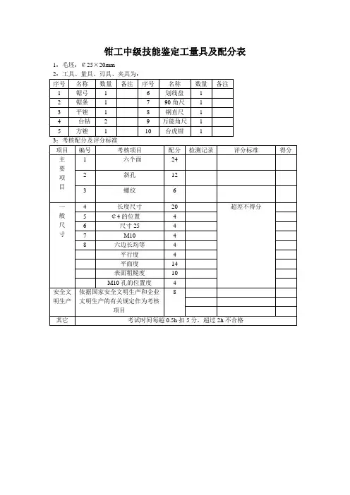 钳工中级技能鉴定工量具及配分表