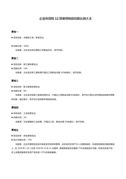 企业所得税12项费用税前扣除比例大全