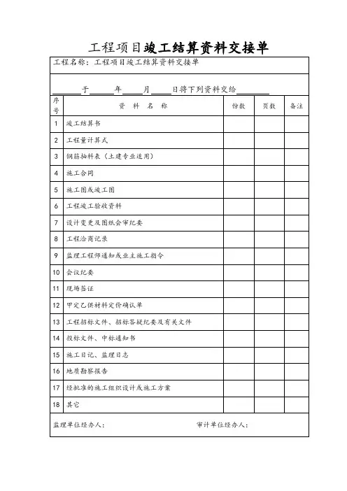 工程项目竣工结算资料交接单