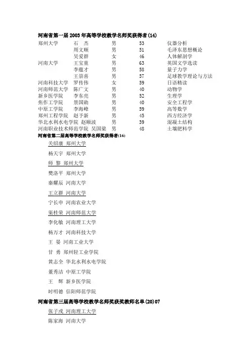 河南省高等教学名师奖获奖教师名单