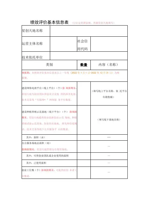 绩效评价基本信息表已认定的国家级、省级星创天地填写