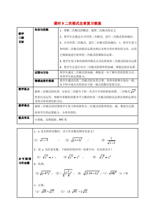九年级数学上册 二次根式全章复习教案 新人教版
