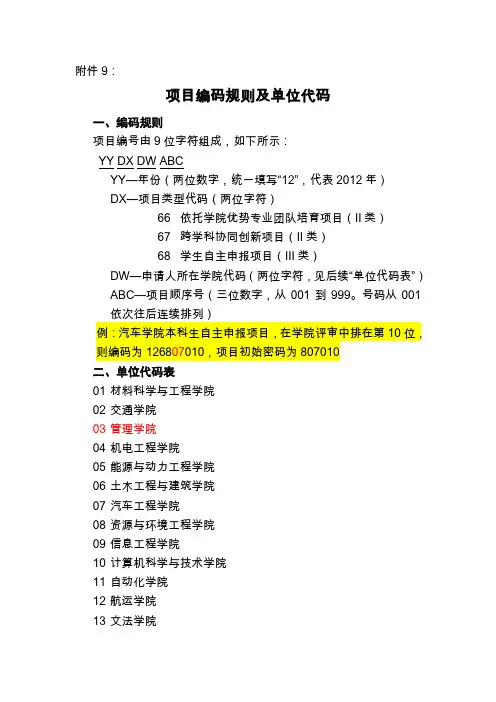 项目编码规则及单位代码