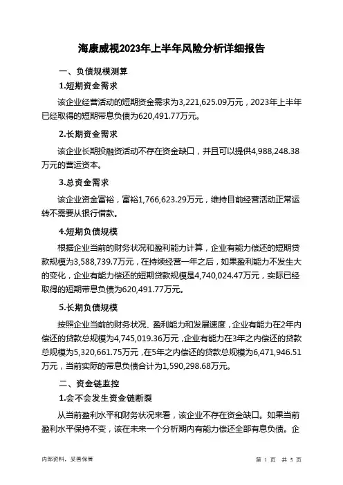 002415海康威视2023年上半年财务风险分析详细报告