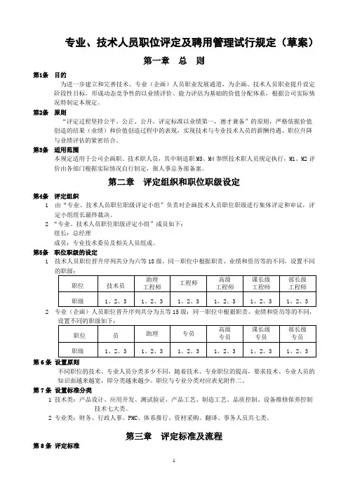 专业技术人员职位评定及聘用管理试行规定(草案)