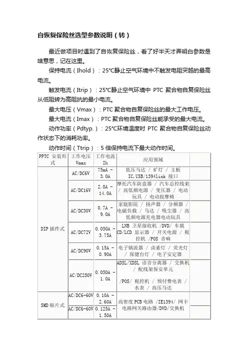 自恢复保险丝选型参数说明（转）
